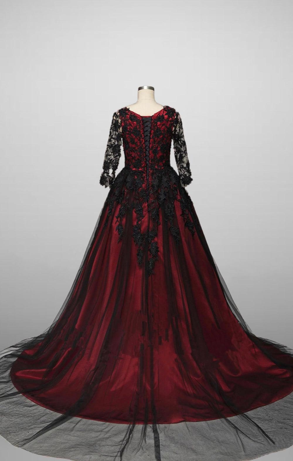 Gothic Black And Red A-Line Wedding Dress with Red Lace Floral Embroidered Plus Size - WonderlandByLilian