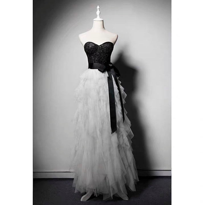 Gothic Black And White Lace Beaded Strapless Formal Dress Plus Size - WonderlandByLilian