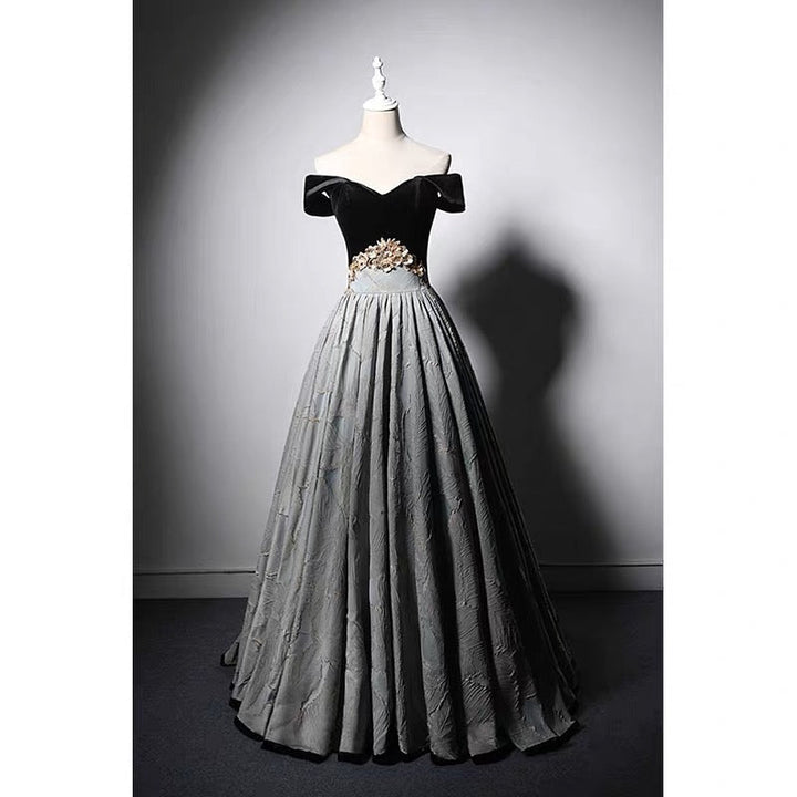 Gothic Black Corset Wedding Dress - Velvet Off Shoulder Formal Dress - Plus Size - WonderlandByLilian