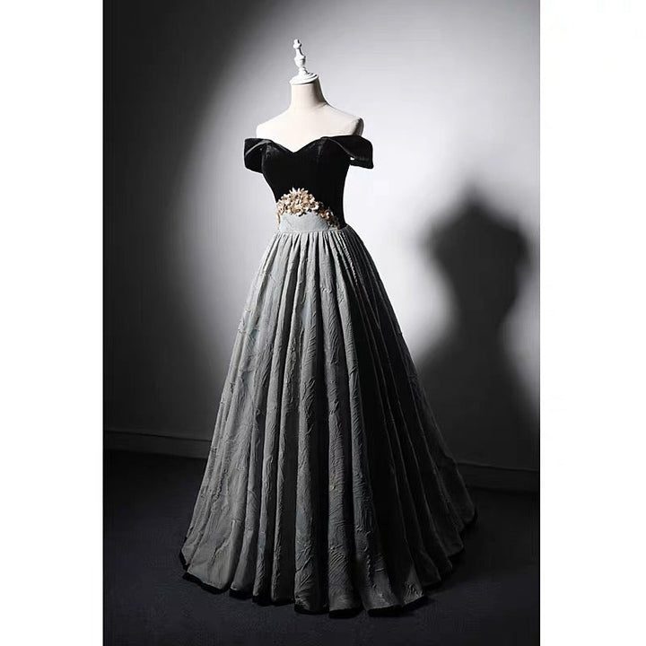 Gothic Black Corset Wedding Dress - Velvet Off Shoulder Formal Dress - Plus Size - WonderlandByLilian