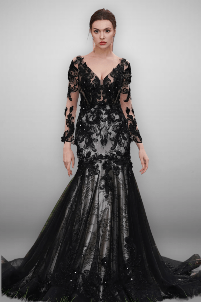 Gothic Black Lace Flower Mermaid Wedding Dress With Illusion Detachable Sleeves - Plus Size US14 / Black Gothic Black Lace Flower Mermaid Wedding Dress With Illusion Detachable Sleeves - Plus Size US14 / Black