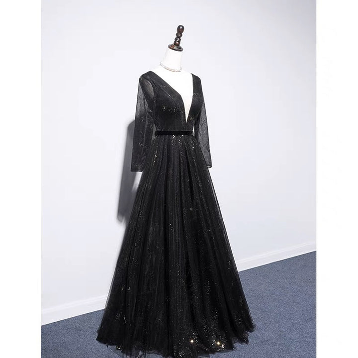 Gothic Black Lace V-neck Corset Wedding Dress With Long Sleeves - Plus Size - WonderlandByLilian