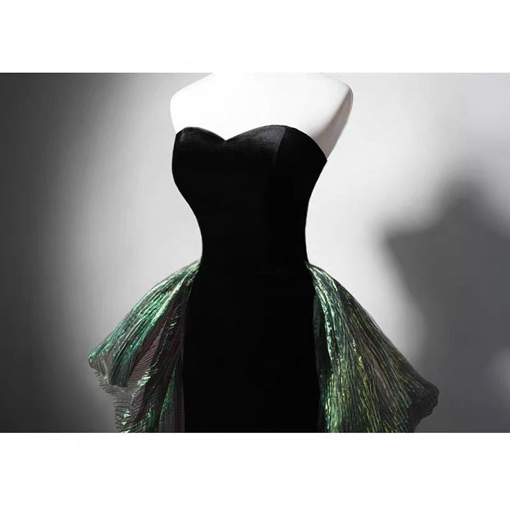 Gothic Black Strapless Evening Gown With Emerald Gauze - Gothic Formal Dress Plus Size - WonderlandByLilian