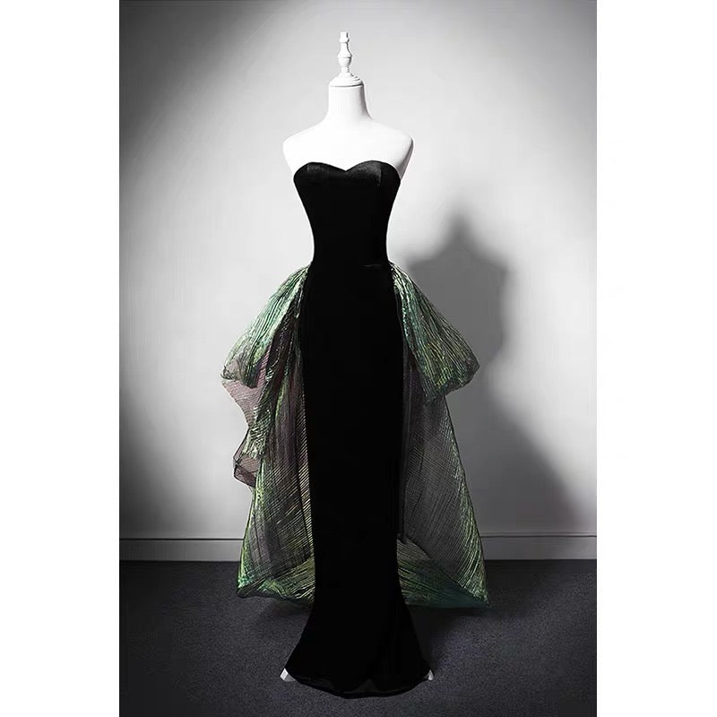 blue dress for baby girl Gothic Black Strapless Evening Gown With Emerald Gauze