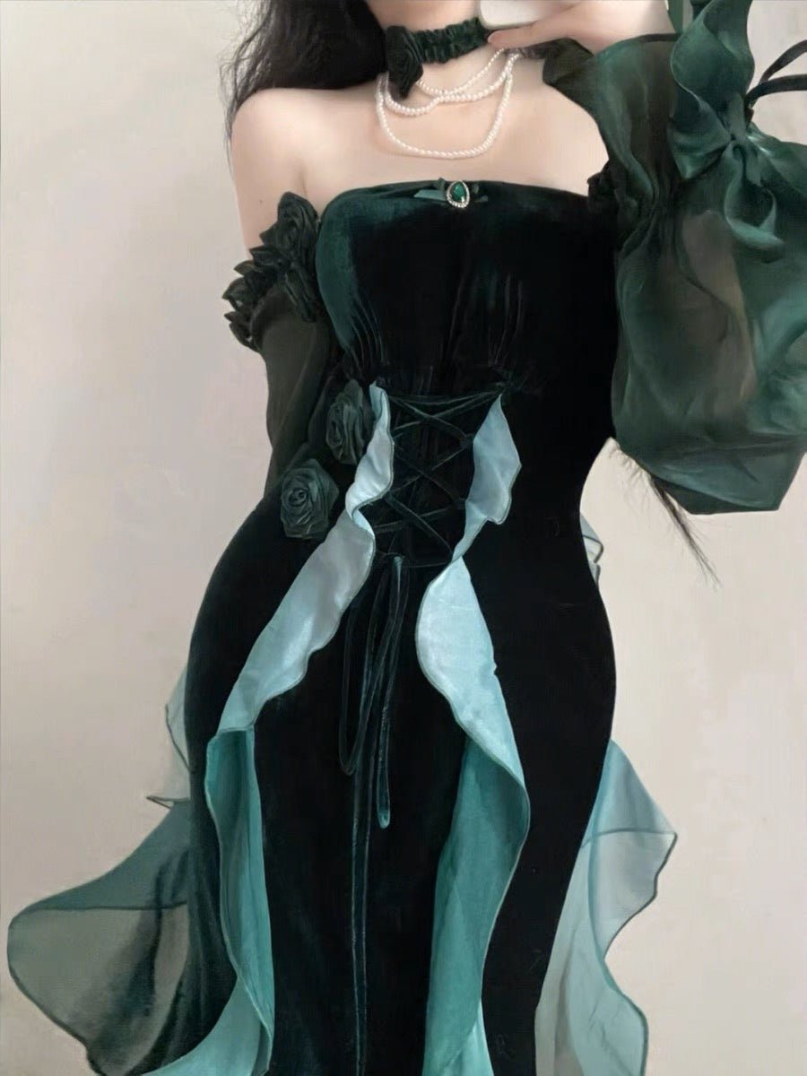 GOTHIC LOLITA DRESS - LONG CLASSIC GREEN VELVET FLORAL LOLITA DRESS - PLUS SIZE - WonderlandByLilian