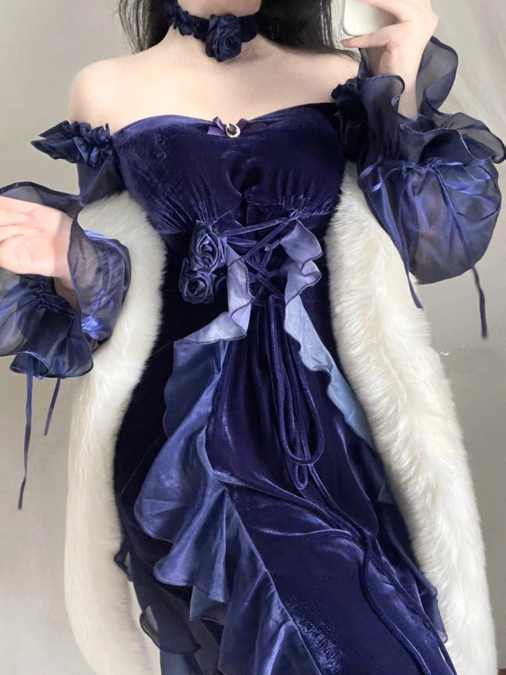 GOTHIC LOLITA DRESS - LONG PURPLE VELVET FLORAL LOLITA DRESS - PLUS SIZE - WonderlandByLilian