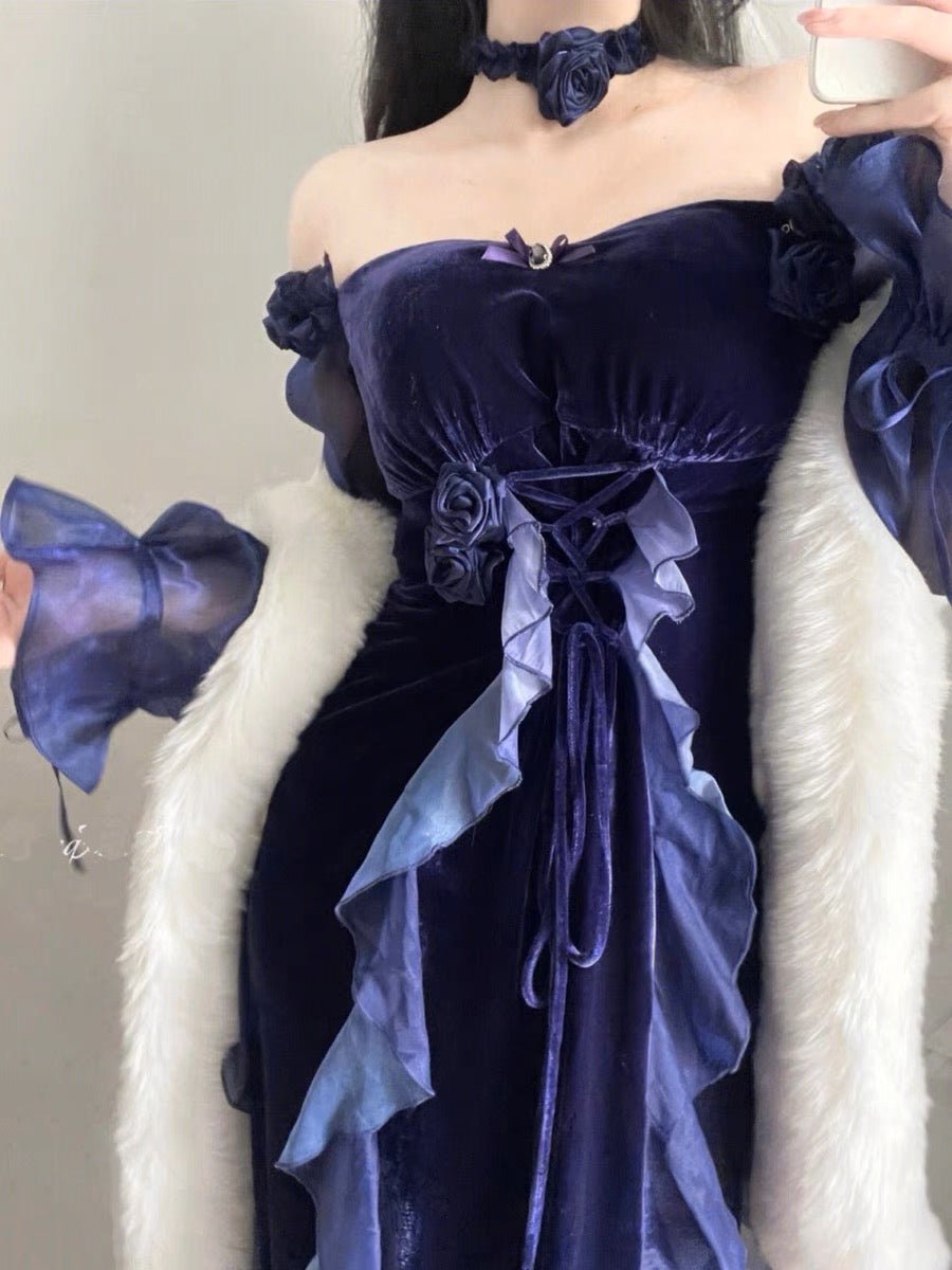 GOTHIC LOLITA DRESS - LONG PURPLE VELVET FLORAL LOLITA DRESS - PLUS SIZE - WonderlandByLilian