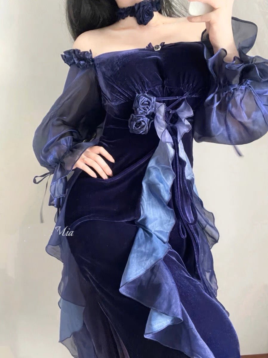 GOTHIC LOLITA DRESS - LONG PURPLE VELVET FLORAL LOLITA DRESS - PLUS SIZE - WonderlandByLilian