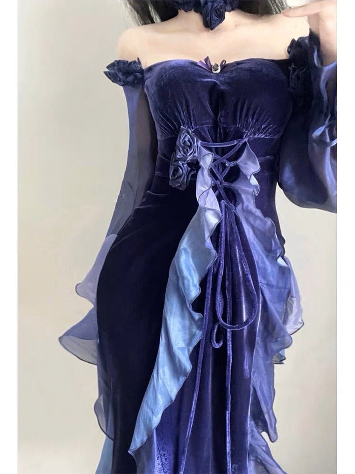 GOTHIC LOLITA DRESS - LONG PURPLE VELVET FLORAL LOLITA DRESS - PLUS SIZE - WonderlandByLilian