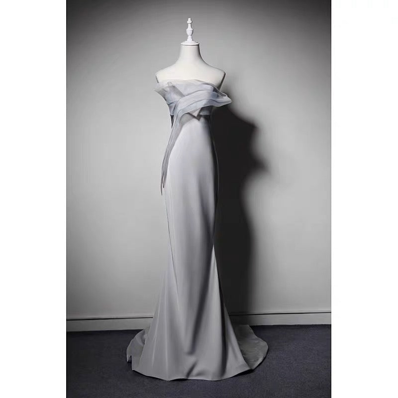 Grey Off Shoulder Gauze Prom Dress - Formal Dress Plus Size Size 14 / Gray