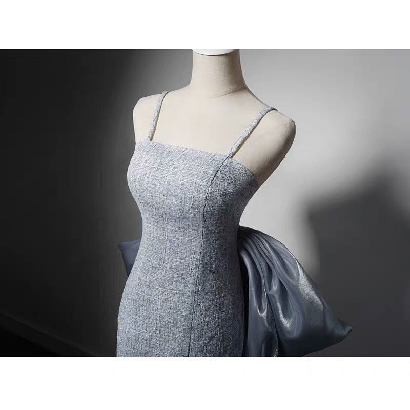 Grey Tweed Slip Formal Dress With Bow Tie - Plus Size - WonderlandByLilian