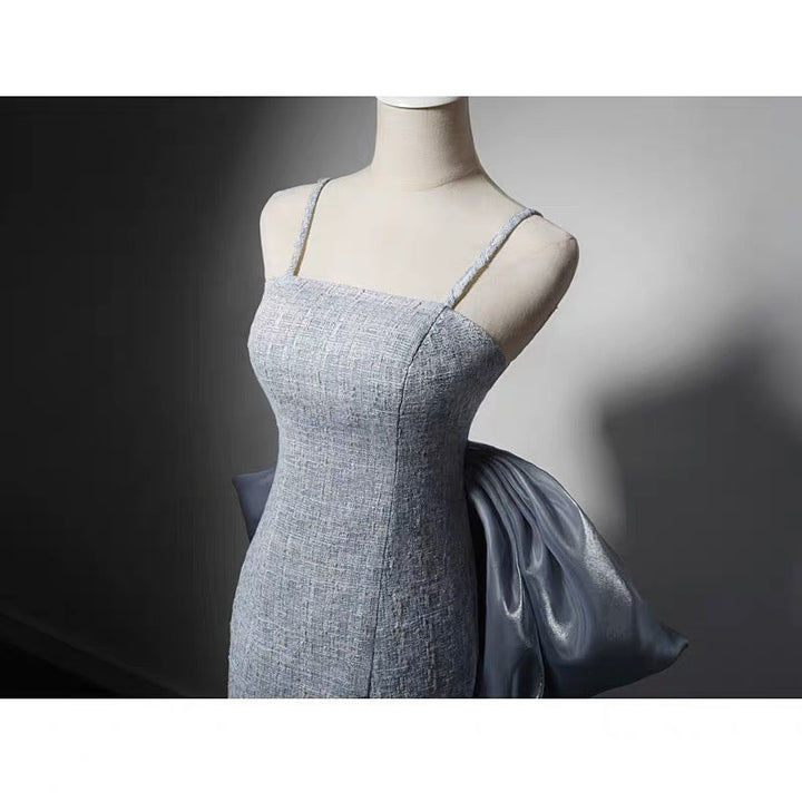 Grey Tweed Slip Formal Dress With Bow Tie - Plus Size - WonderlandByLilian