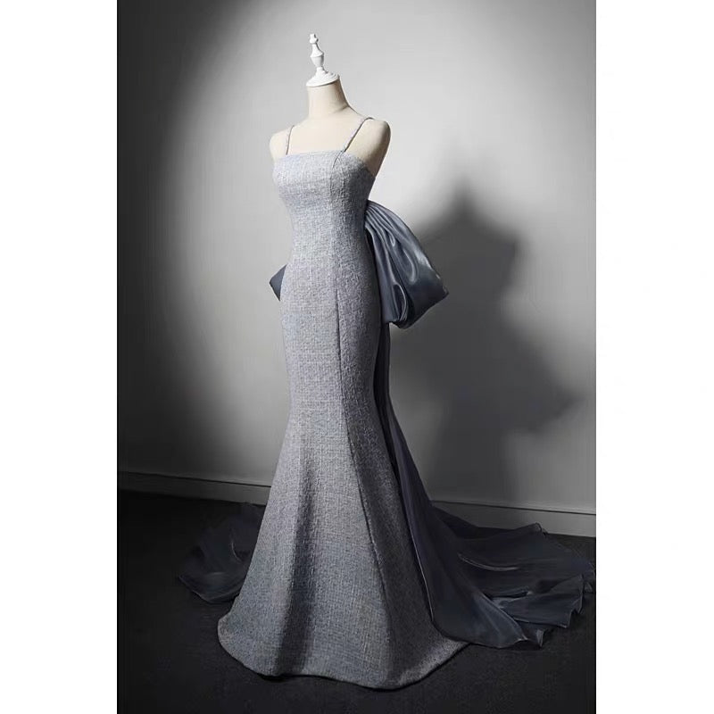 Grey Tweed Slip Formal Dress With Bow Tie - Plus Size - WonderlandByLilian