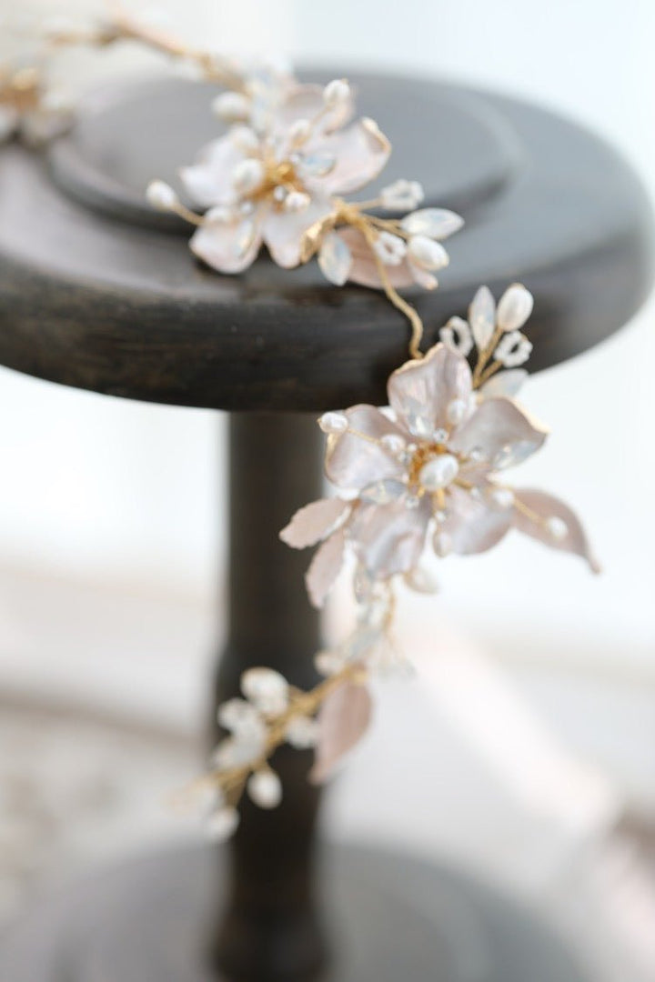 Handcrafted Floral Headpiece with Natural Pearl and Moonstone, Elegant Bridal Accessory for Formal Occasions and Weddings - WonderlandByLilian