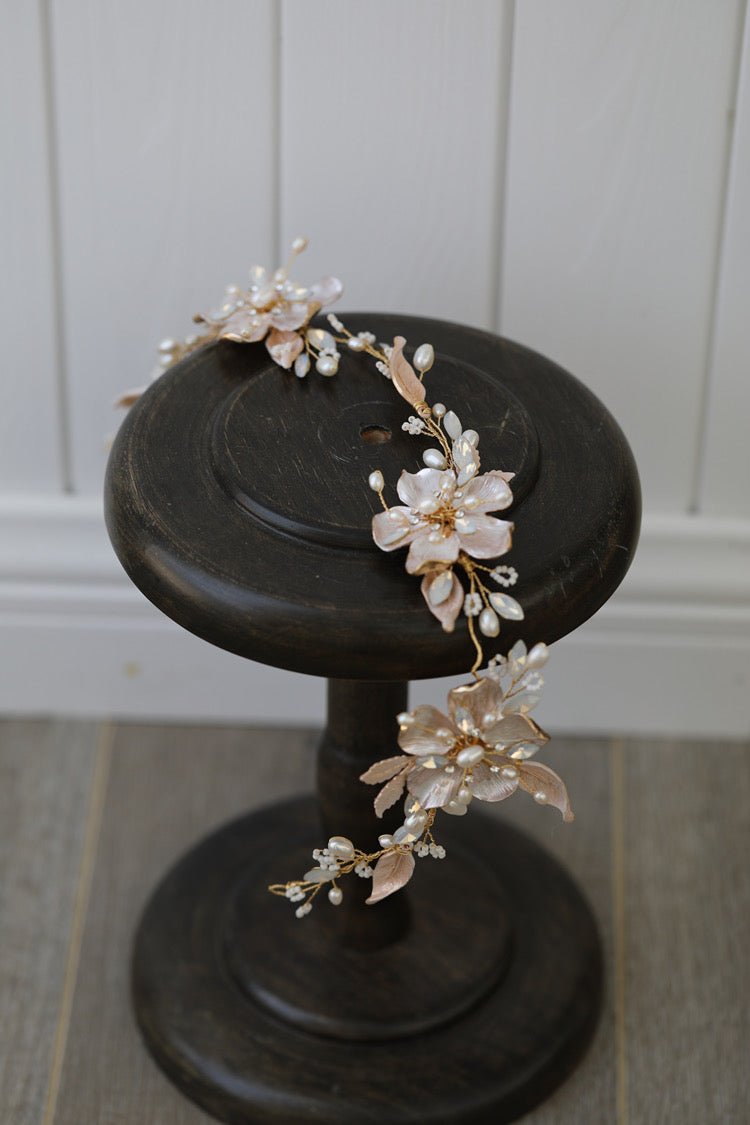 Handcrafted Floral Headpiece with Natural Pearl and Moonstone, Elegant Bridal Accessory for Formal Occasions and Weddings - WonderlandByLilian