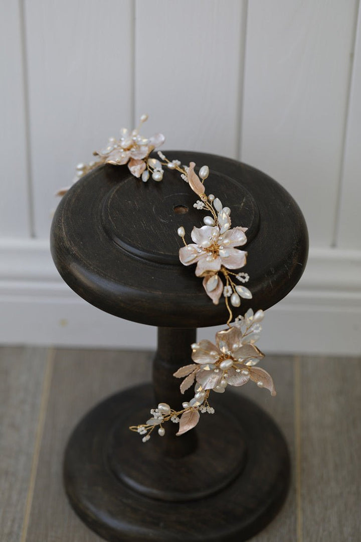 Handcrafted Floral Headpiece with Natural Pearl and Moonstone, Elegant Bridal Accessory for Formal Occasions and Weddings - WonderlandByLilian