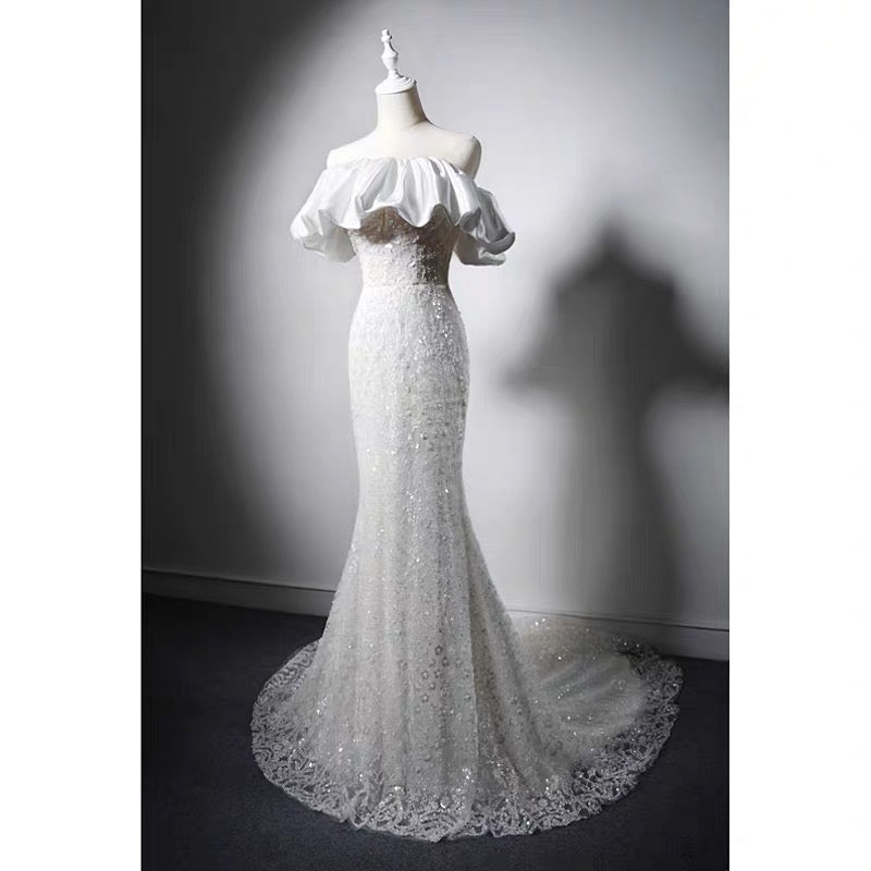 princess polly baby blue dress Bohemian Spaghetti Straps Mermaid Lace Wedding Dress, Long Bridal Gown  CHW0146 main image 1