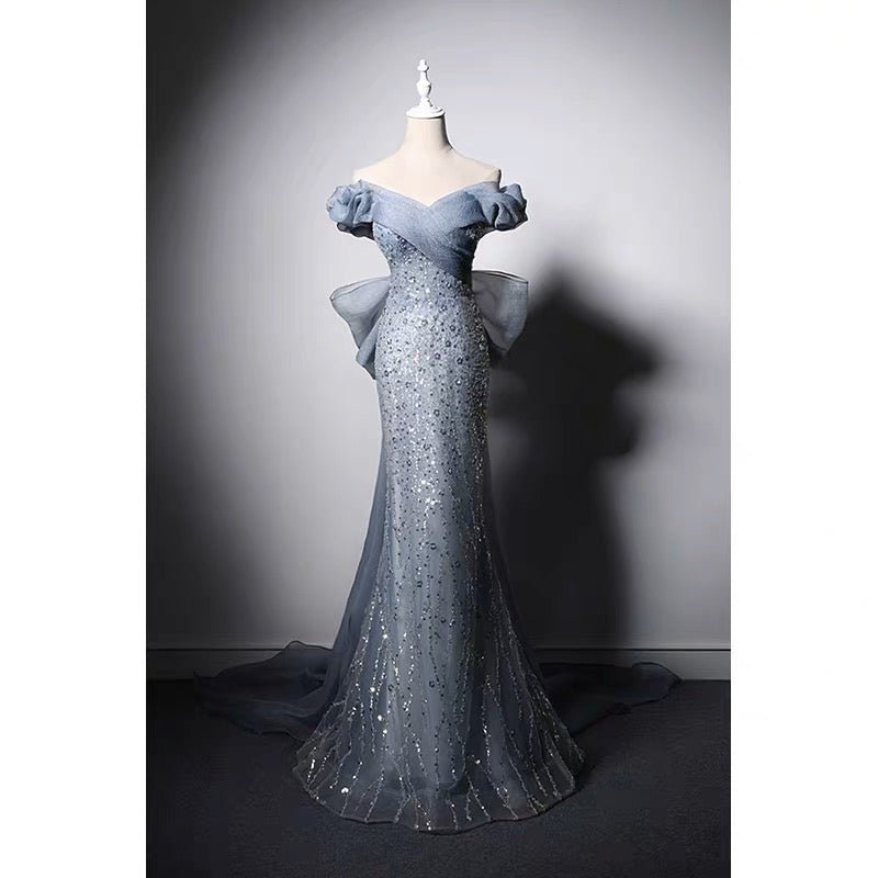Luxury Blue Off-shoulder Beaded Mermaid Formal Dress With Sequins