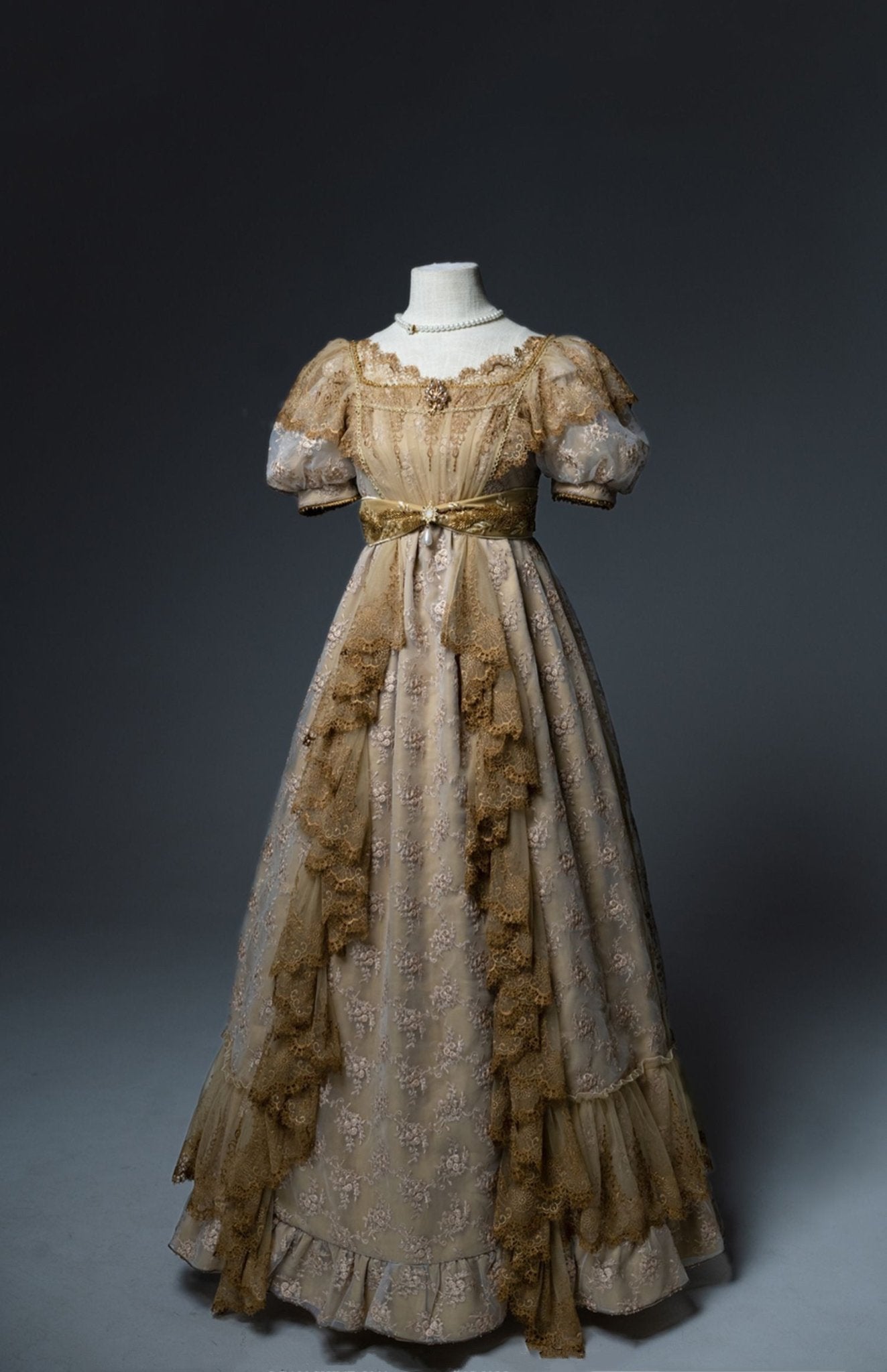 Luxury Empire Waist Gold Ball Gown Regency Era dress with Lace Rose Em