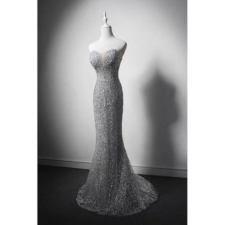 Luxury Grey Beaded Mermaid Formal Dress With Feather Shawl - Plus Size - WonderlandByLilian