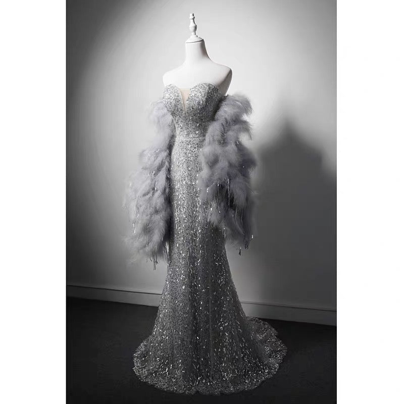 Luxury Grey Beaded Mermaid Formal Dress with Feather Shawl - Plus Size Size 4 / Gray Luxury Grey Beaded Mermaid Formal Dress with Feather Shawl - Plus Size Size 4 / Gray