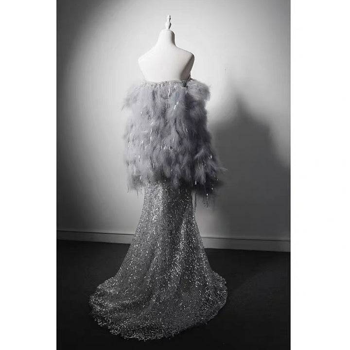 Luxury Grey Beaded Mermaid Formal Dress With Feather Shawl - Plus Size - WonderlandByLilian