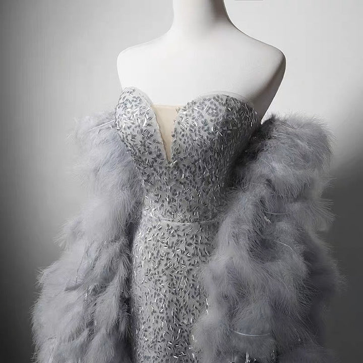 Luxury Grey Beaded Mermaid Formal Dress With Feather Shawl - Plus Size - WonderlandByLilian