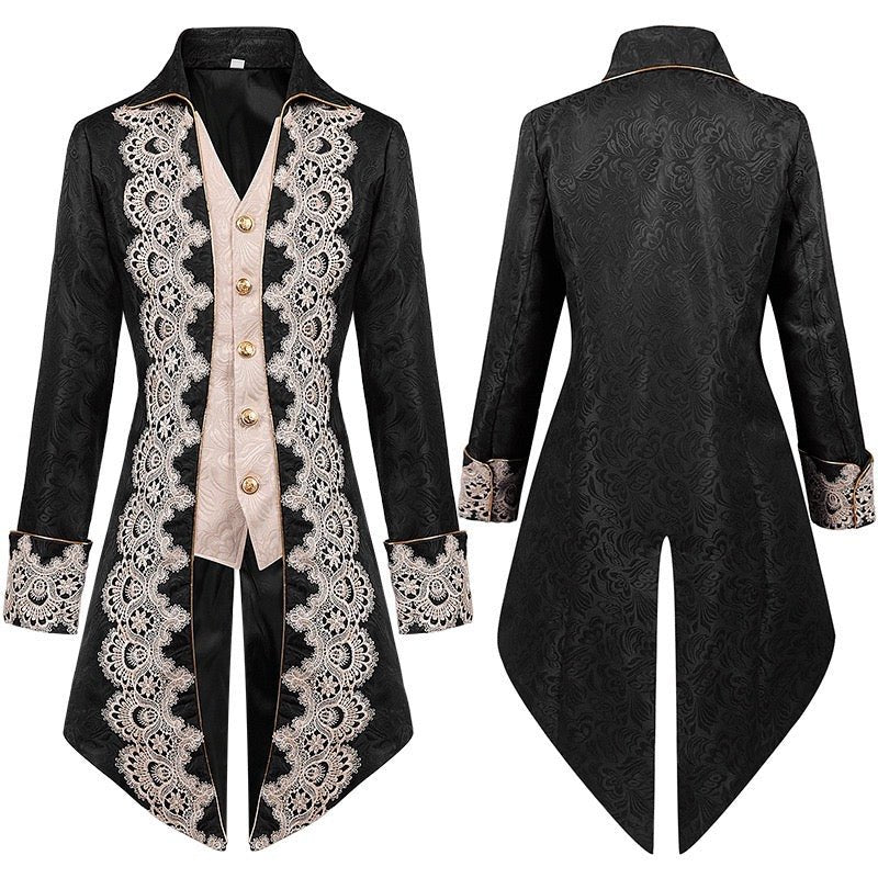 Men's Plus Size British Vintage Gothic Jacquard Suit with Lace Embroidery Faux Two-piece Tailcoat - WonderlandByLilian