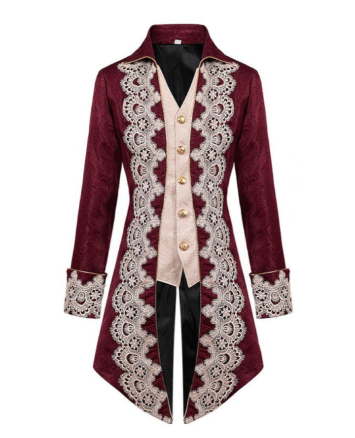 Men's Plus Size British Vintage Gothic Jacquard Suit with Lace Embroidery Faux Two-piece Tailcoat - WonderlandByLilian