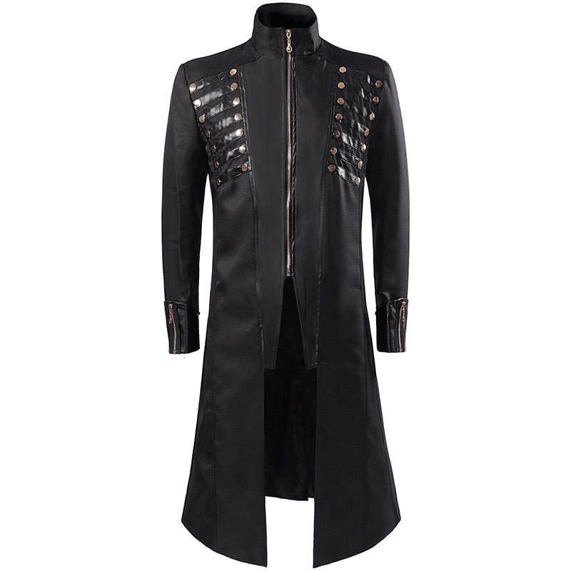 Men's Vintage Gothic Victorian Black Long Leather Tailcoat Metal