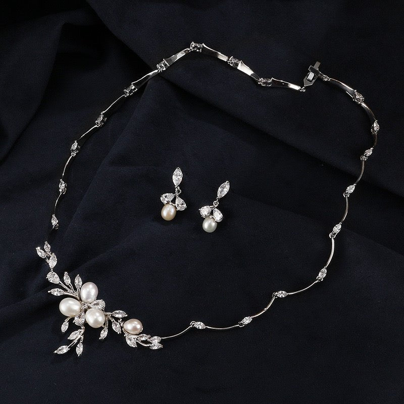 Minimalist Pearl and Flower Fashion Bridal Necklace and Earrings Set - Perfect for Weddings Parties and Formal Occasions with a Touch of Freshness and Elegance - WonderlandByLilian