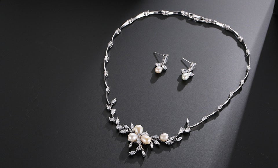 Minimalist Pearl and Flower Fashion Bridal Necklace and Earrings Set - Perfect for Weddings Parties and Formal Occasions with a Touch of Freshness and Elegance - WonderlandByLilian