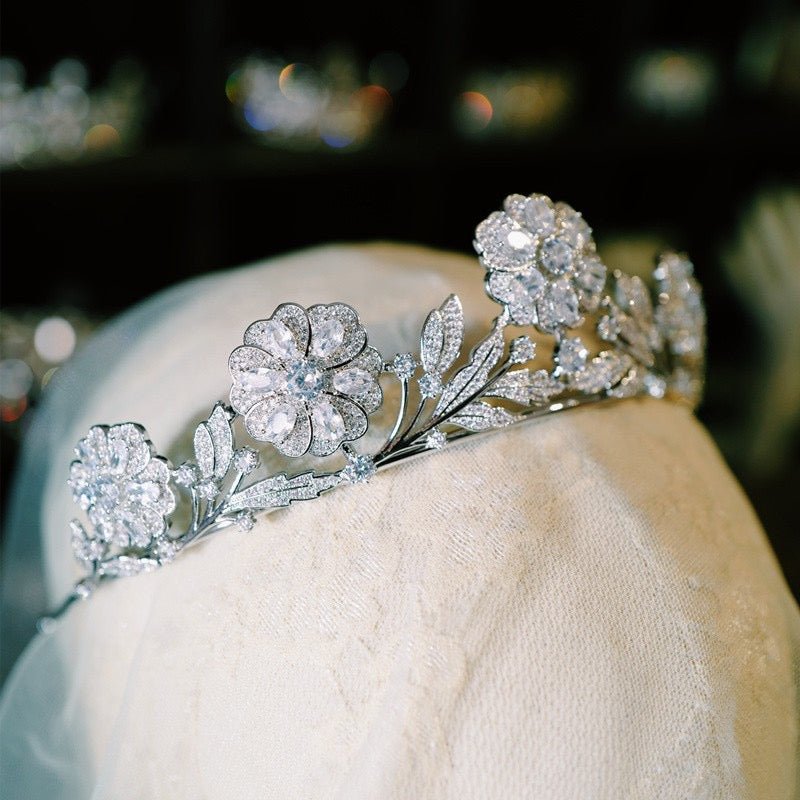 Natural Silver Crown Vintage Crystal Flower Bridal Headpiece - WonderlandByLilian