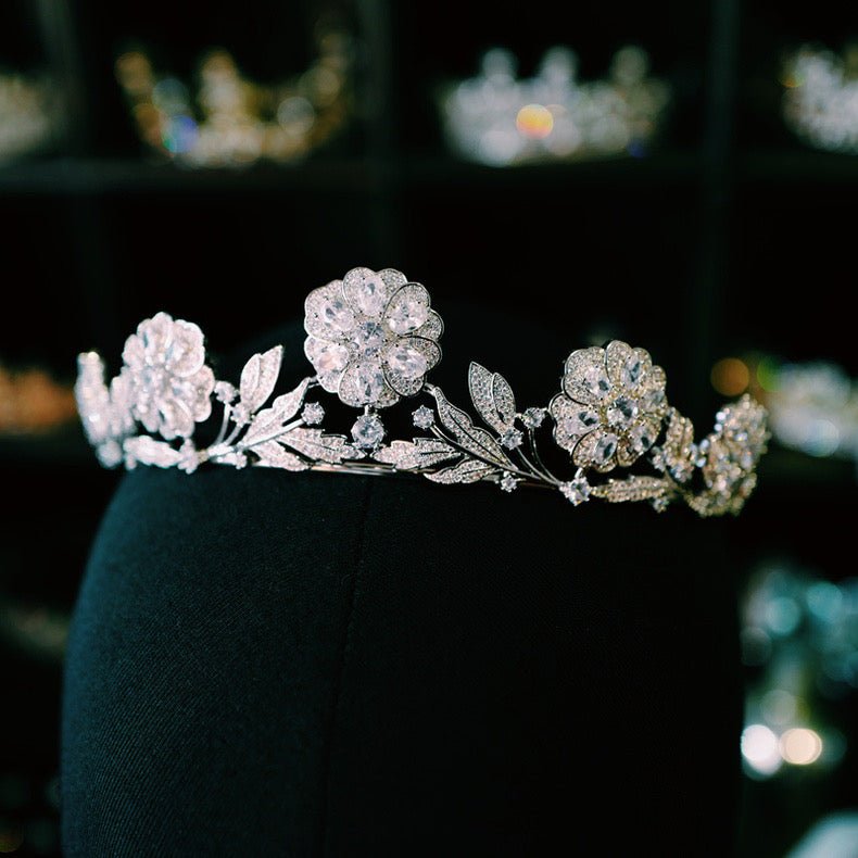Natural Silver Crown Vintage Crystal Flower Bridal Headpiece - WonderlandByLilian