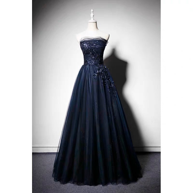 Navy Blue Gauze Sequins Ball Gown