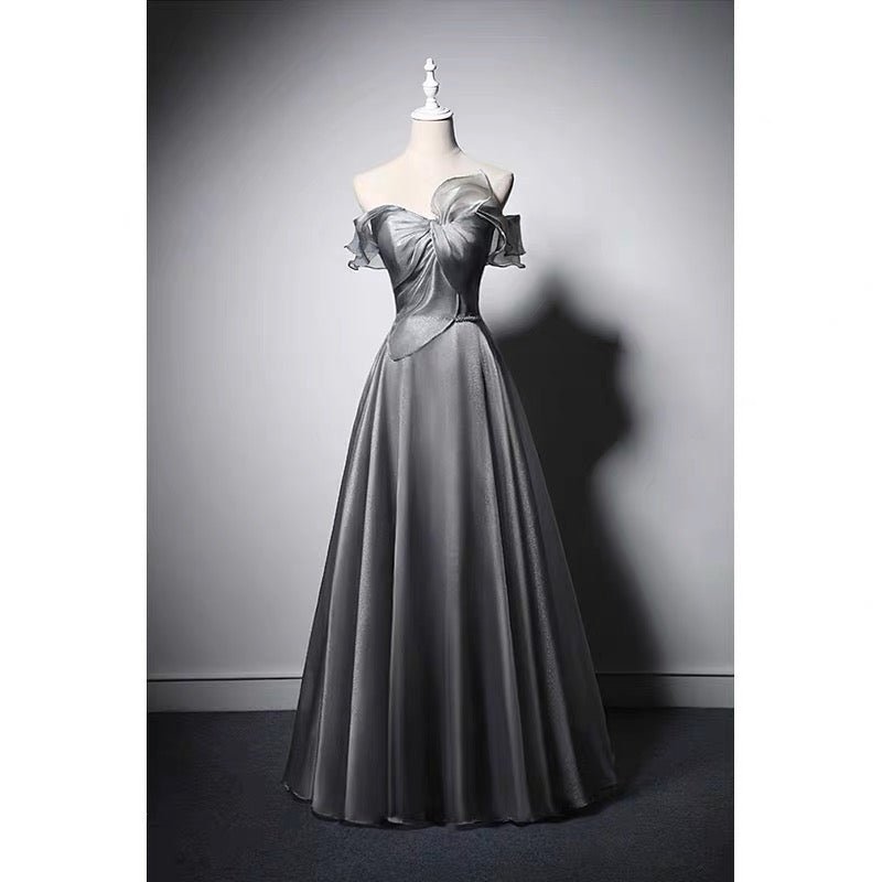 Off Shoulder Bow Tie Grey Corset Evening Gown With Gauze Plus Size - WonderlandByLilian