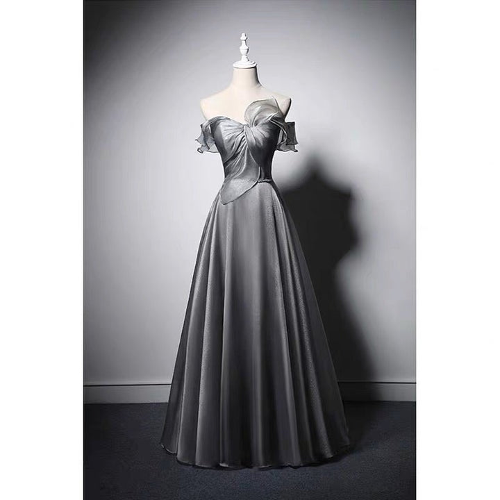 Off Shoulder Bow Tie Grey Corset Evening Gown With Gauze Plus Size - WonderlandByLilian
