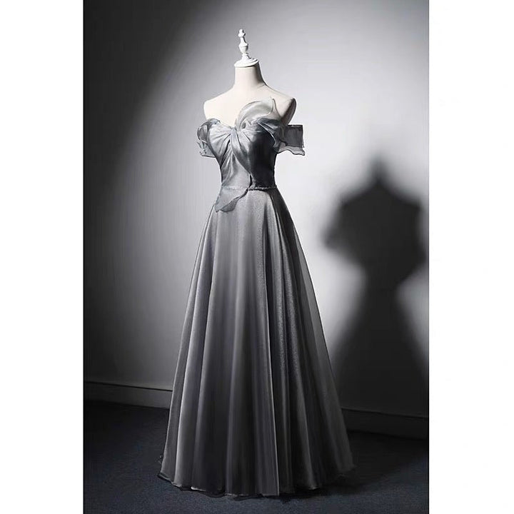 Off Shoulder Bow Tie Grey Corset Evening Gown With Gauze Plus Size - WonderlandByLilian