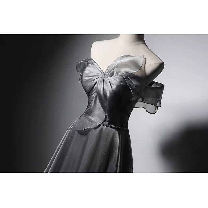 Off Shoulder Bow Tie Grey Corset Evening Gown With Gauze Plus Size - WonderlandByLilian