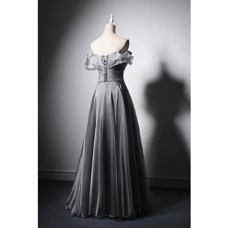 Off Shoulder Bow Tie Grey Corset Evening Gown With Gauze Plus Size - WonderlandByLilian