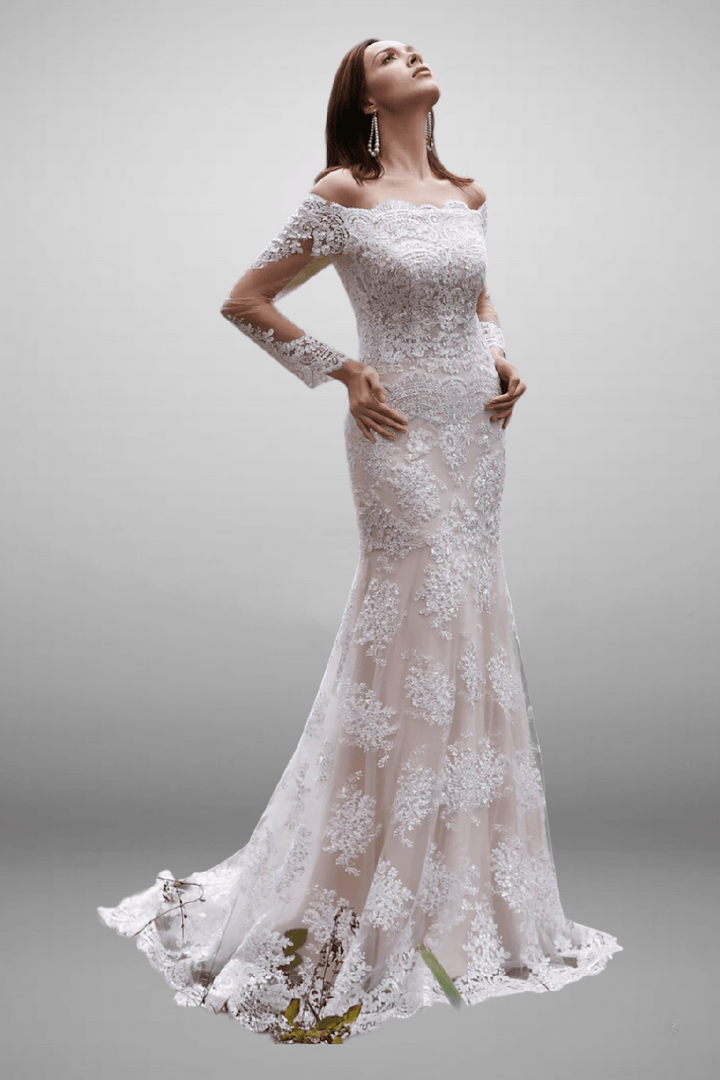 Off Shoulder Lace Mermaid Embroidery Wedding Dress - Plus Size - WonderlandByLilian