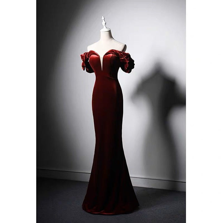 Off-shoulder V-neck Burgundy Velvet Mermaid Formal Dress Plus Size - WonderlandByLilian
