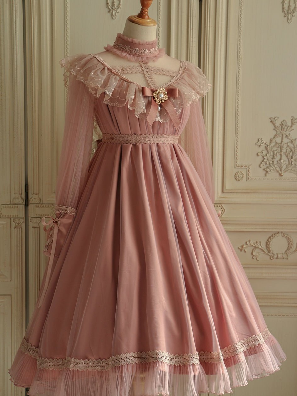 Pink Lolita Long Lace Tea Length Dress Edwardian Style Custom Order Plus Size