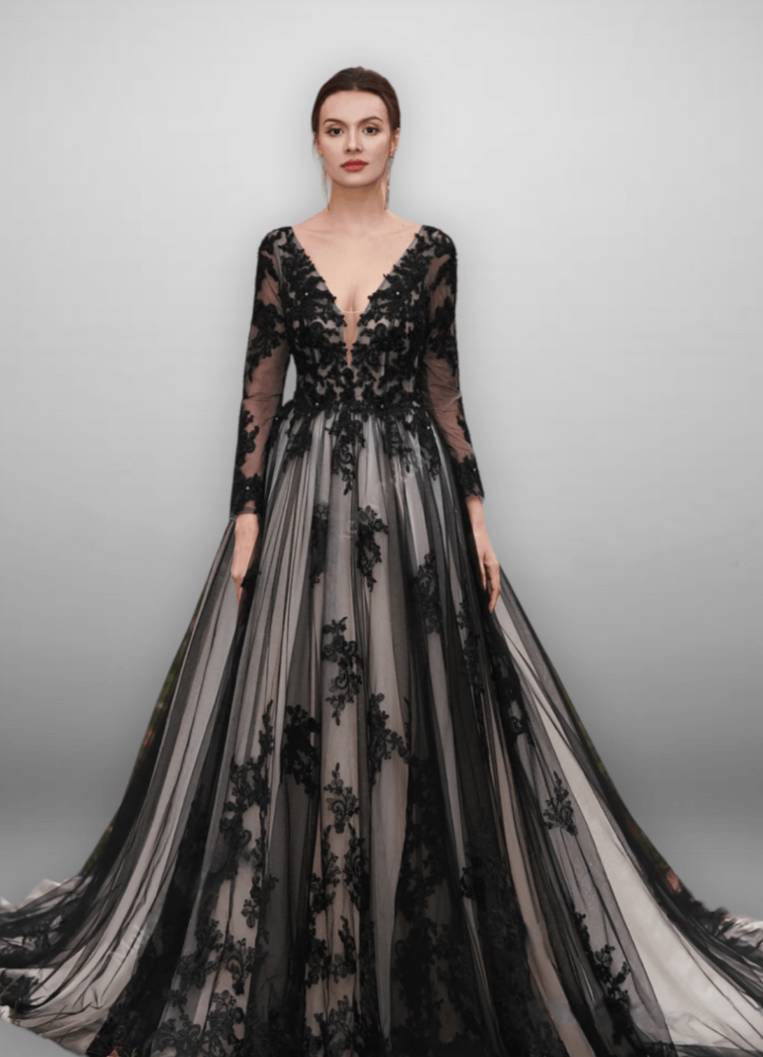 Plus Size Gothic Vintage Black Embroidery A-Line Wedding Dress with Nude Beaded Appliques US2 / Black Over Nude Plus Size Gothic Vintage Black Embroidery A-Line Wedding Dress with Nude Beaded Appliques US2 / Black Over Nude