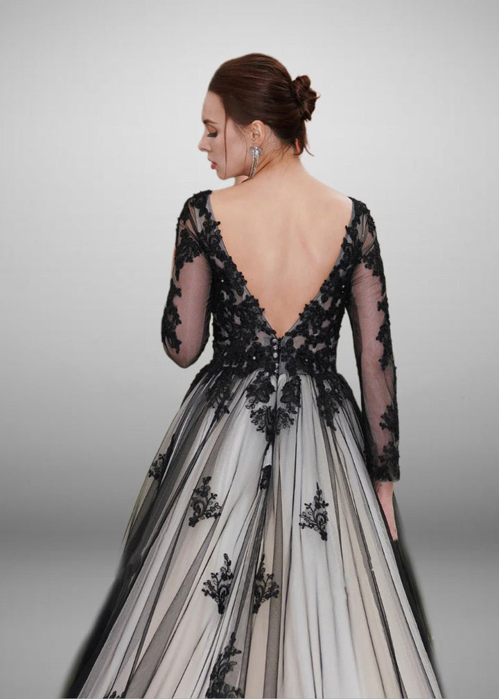 Plus Size Gothic Vintage Black Embroidery A-Line Wedding Dress with Nude Beaded Appliques - WonderlandByLilian