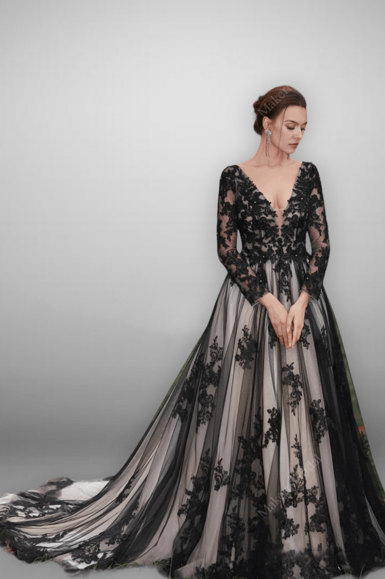 Plus Size Gothic Vintage Black Embroidery A-Line Wedding Dress with Nude Beaded Appliques - WonderlandByLilian