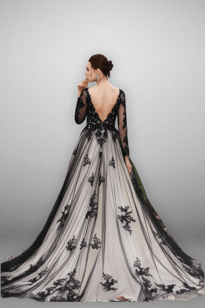 Plus Size Gothic Vintage Black Embroidery A-Line Wedding Dress with Nude Beaded Appliques - WonderlandByLilian