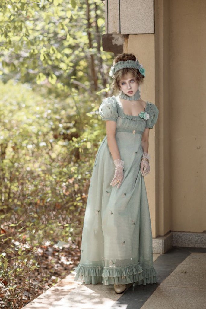 Romantic Mint Green Regency Era Embroidered Dress With Ruffle