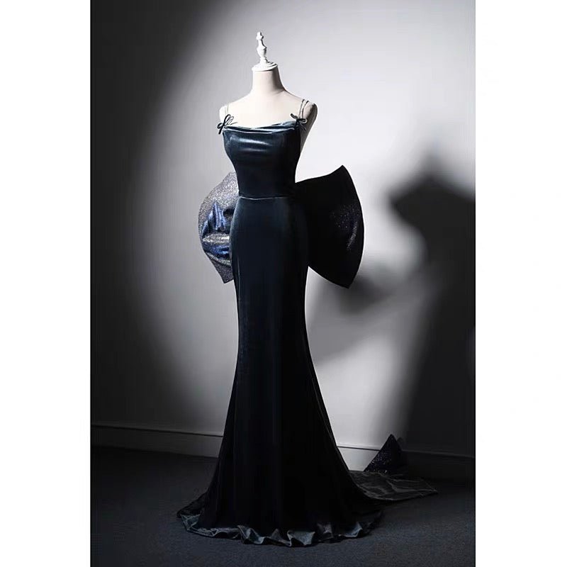 Sapphire Blue Velvet Backless Formal Dress With Bow Tie - Evening Gown Plus Size Size 14 / Blue Sapphire Blue Velvet Backless Formal Dress With Bow Tie - Evening Gown Plus Size Size 14 / Blue