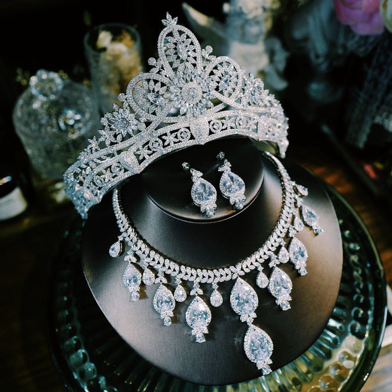Silver Crystal Bridal Crown Vintage Elegant Necklace Trio - Jewelry Set - WonderlandByLilian